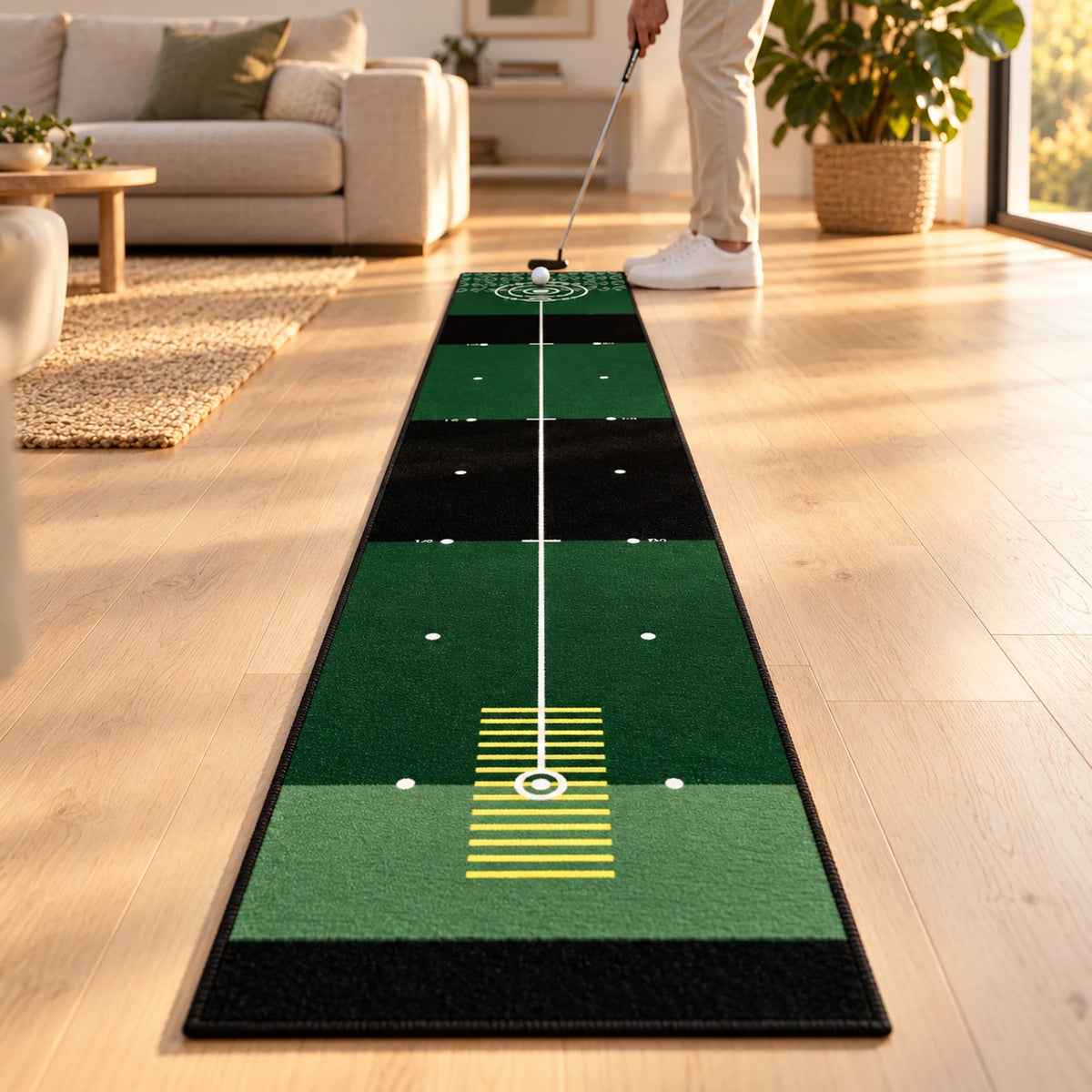 Putting practice on the 240 cm mat in a sunlit living room