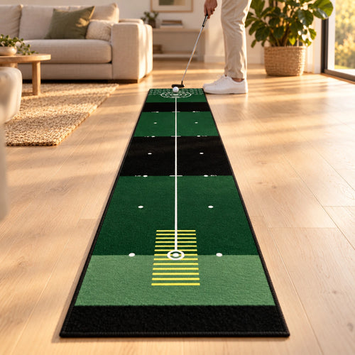 Putting practice on the 240 cm mat in a sunlit living room