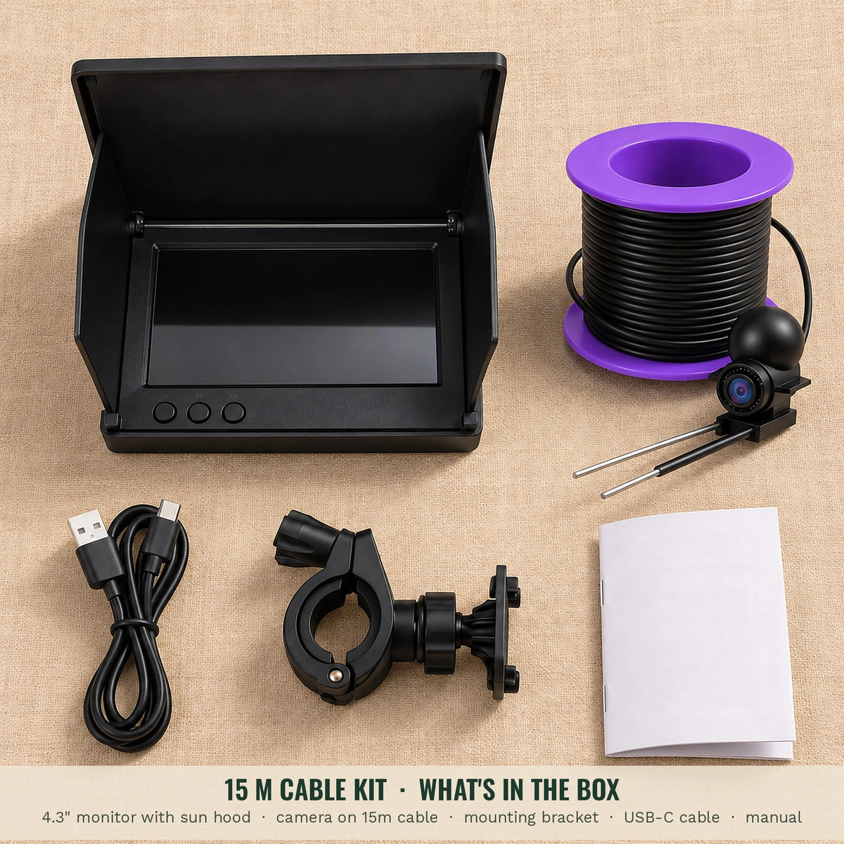 15 m underwater fishing camera kit: monitor, camera on 15 m cable, bracket, USB-C cable and manual