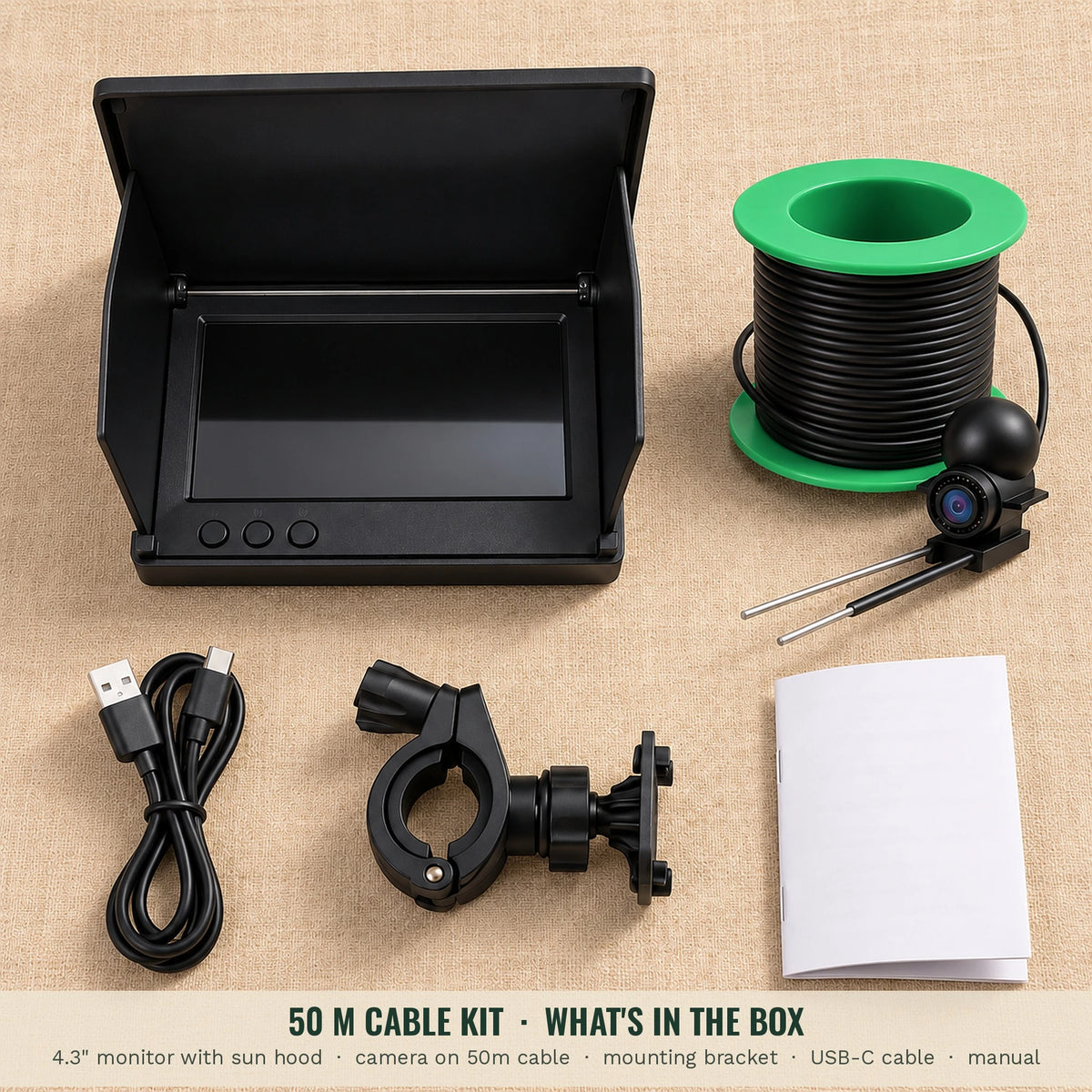 50 m underwater fishing camera kit: monitor, camera on 50 m cable, bracket, USB-C cable and manual