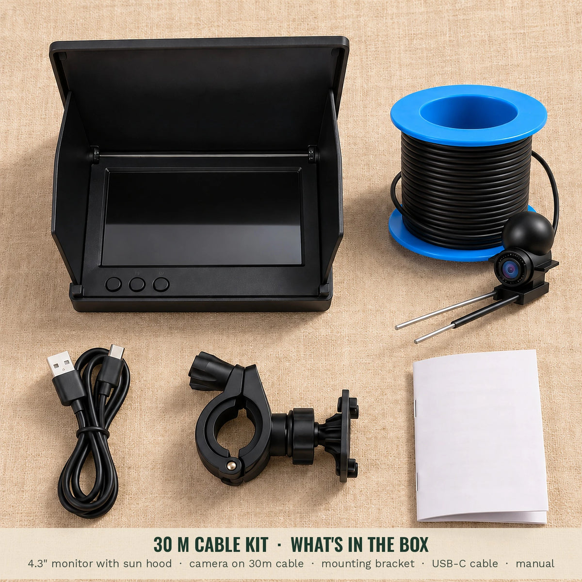 30 m underwater fishing camera kit: monitor, camera on 30 m cable, bracket, USB-C cable and manual