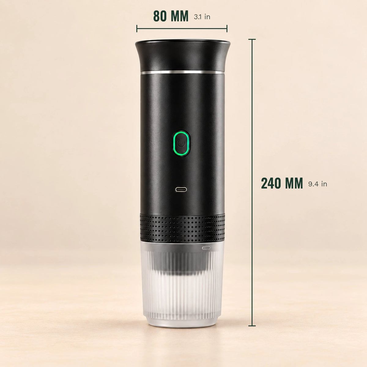 Portable espresso maker dimensions: 80 mm wide, 240 mm tall
