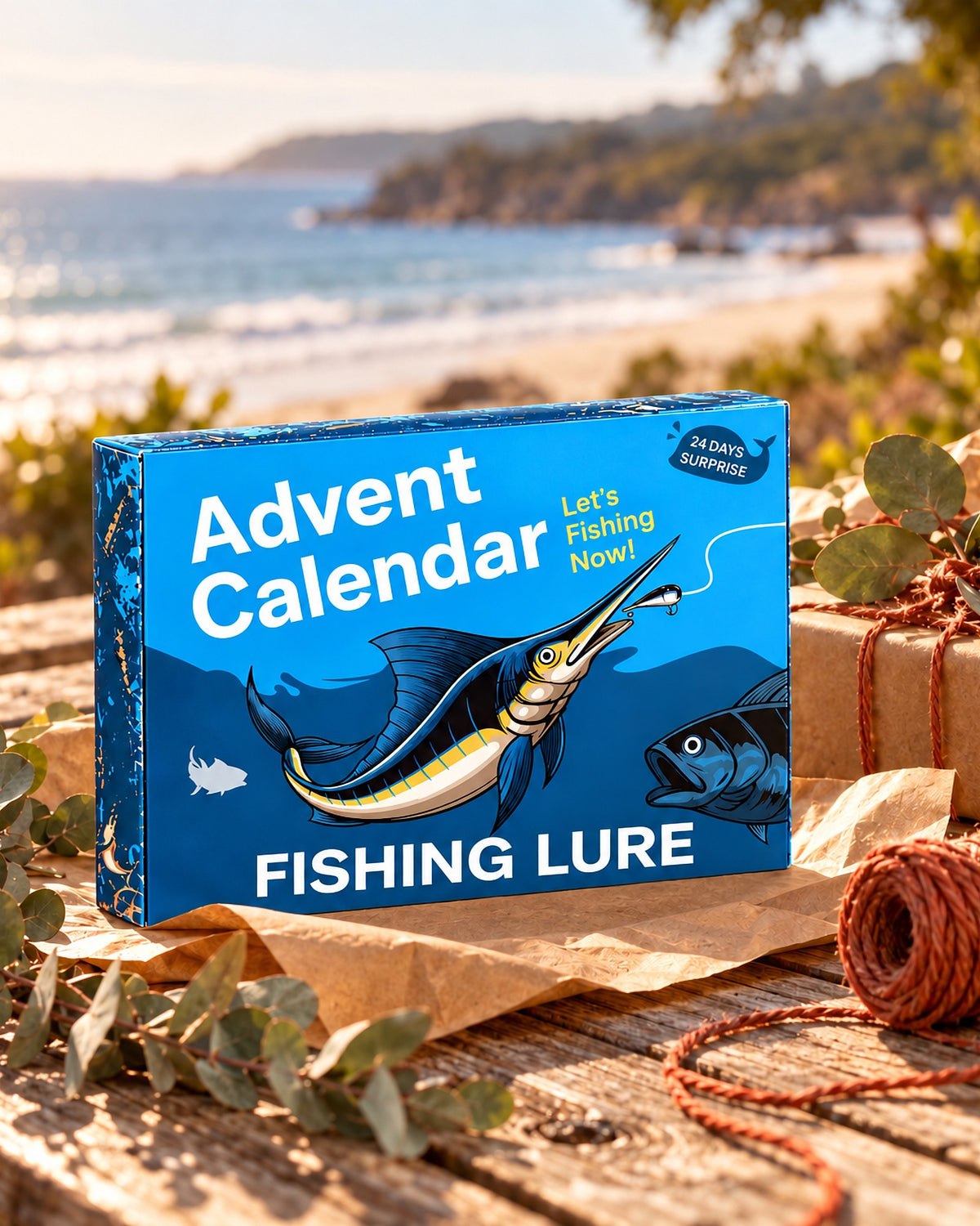 24-day fishing lure advent calendar box on a timber table with eucalyptus and kraft paper, beach behind