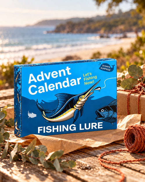 24-day fishing lure advent calendar box on a timber table with eucalyptus and kraft paper, beach behind