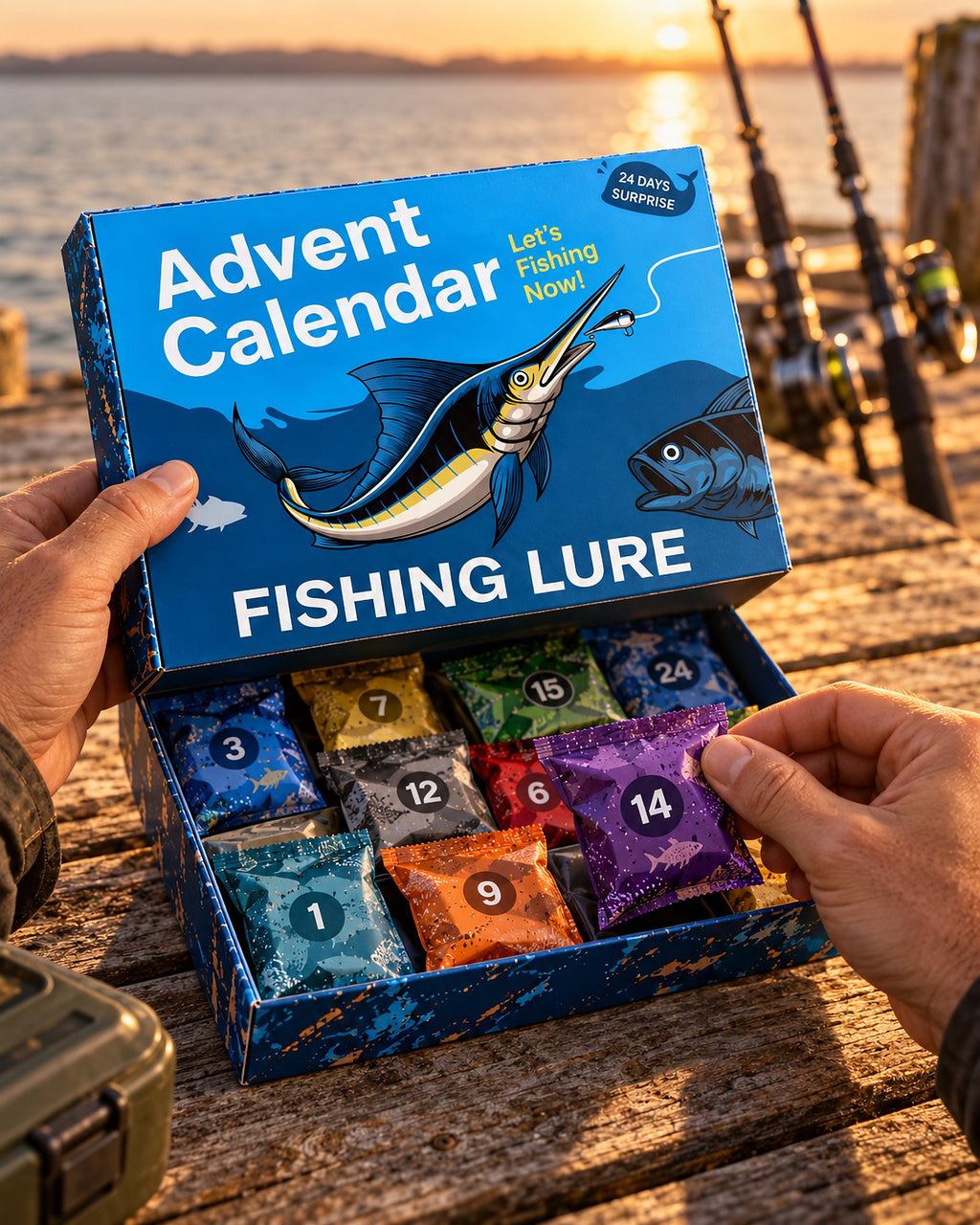 Hands taking a numbered lure pouch out of the fishing lure advent calendar on a jetty at sunset