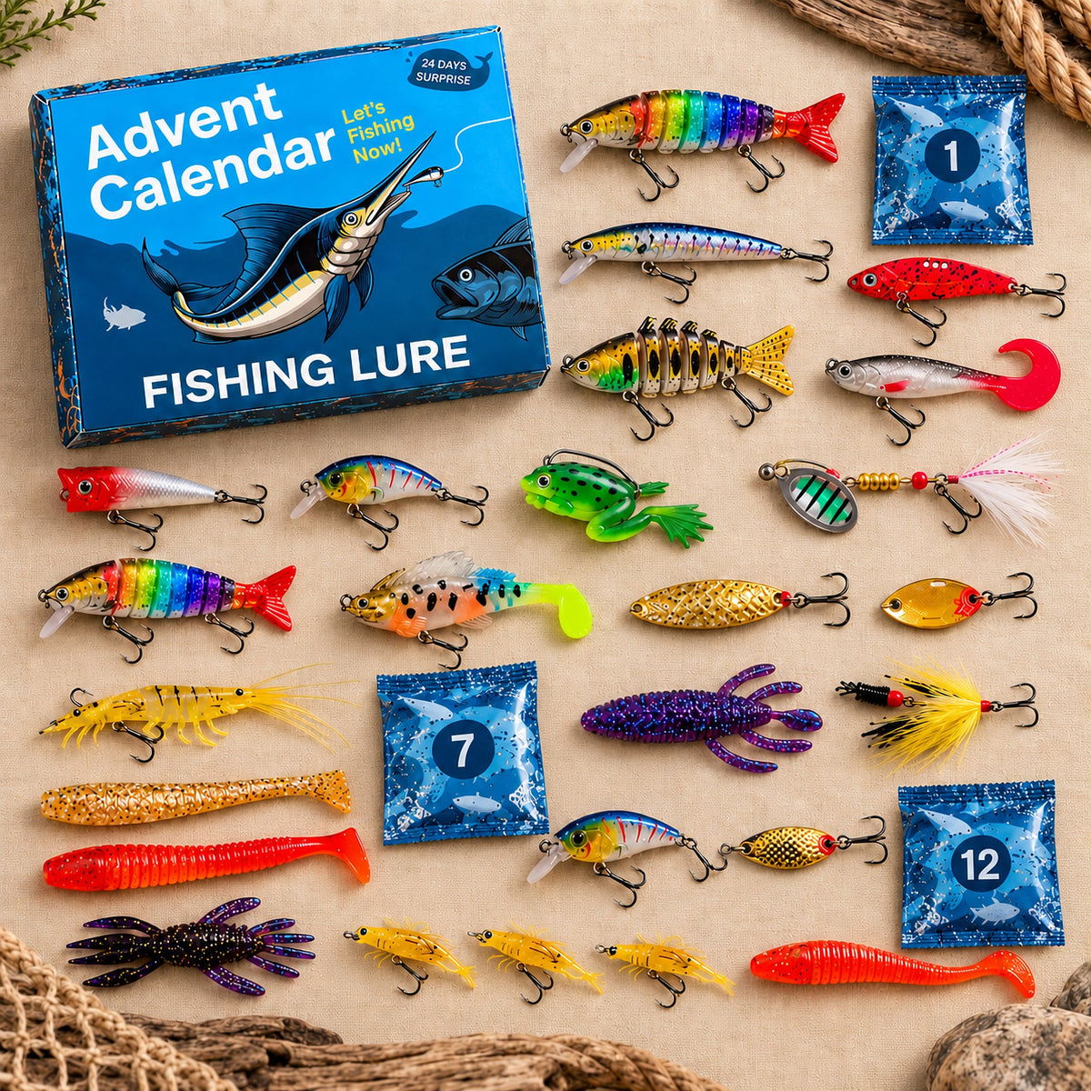 Fishing lure advent calendar with an assortment of lures and numbered pouches laid out on linen