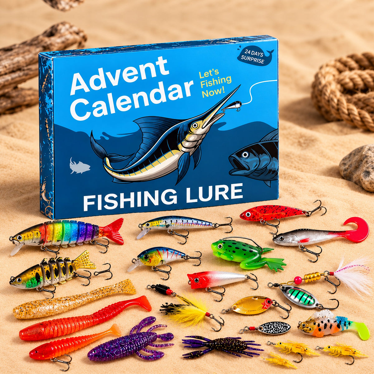 Fishing lure advent calendar box with an assortment of lures on sand
