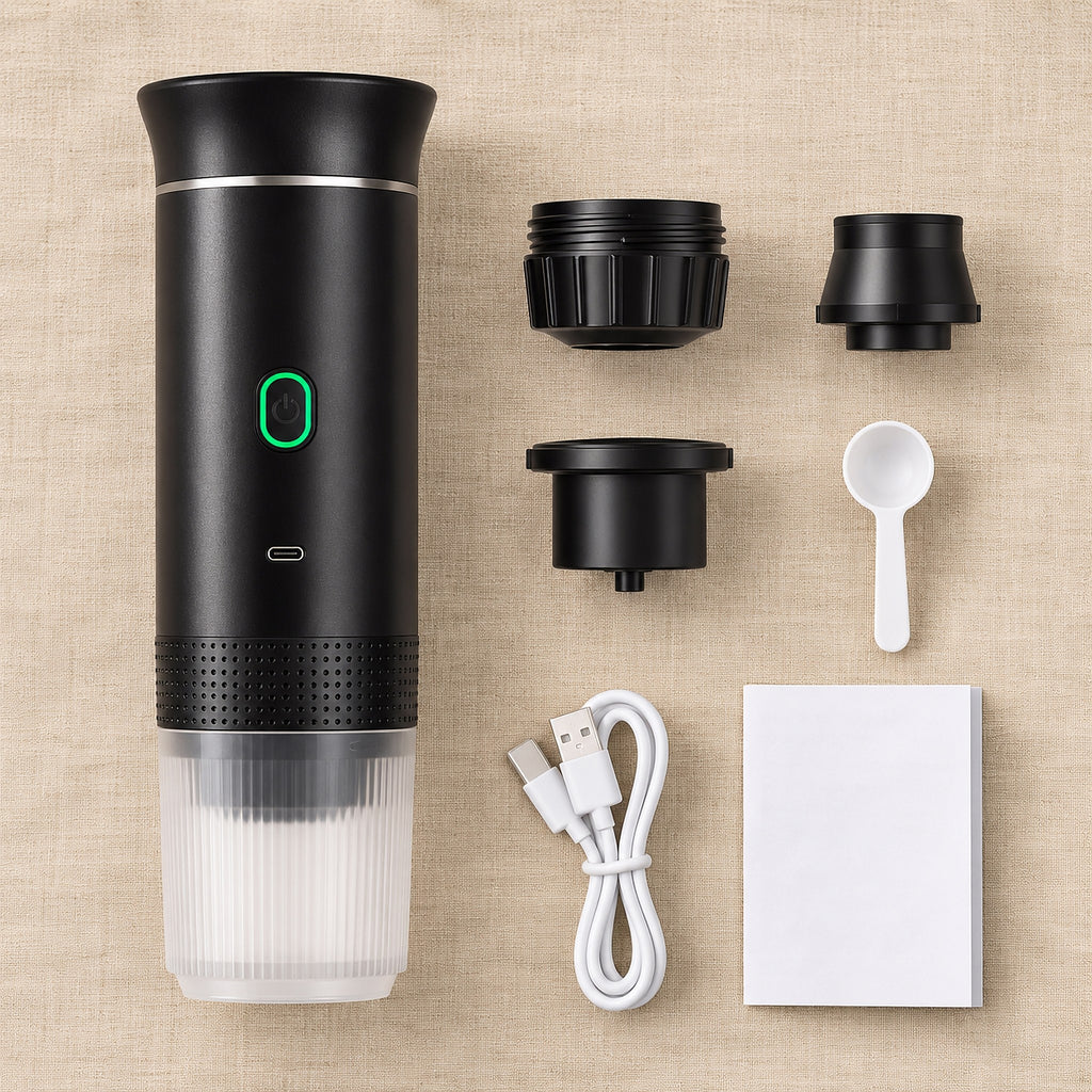 Portable espresso maker with capsule adapters, powder adapter, coffee spoon, USB-C cable and manual