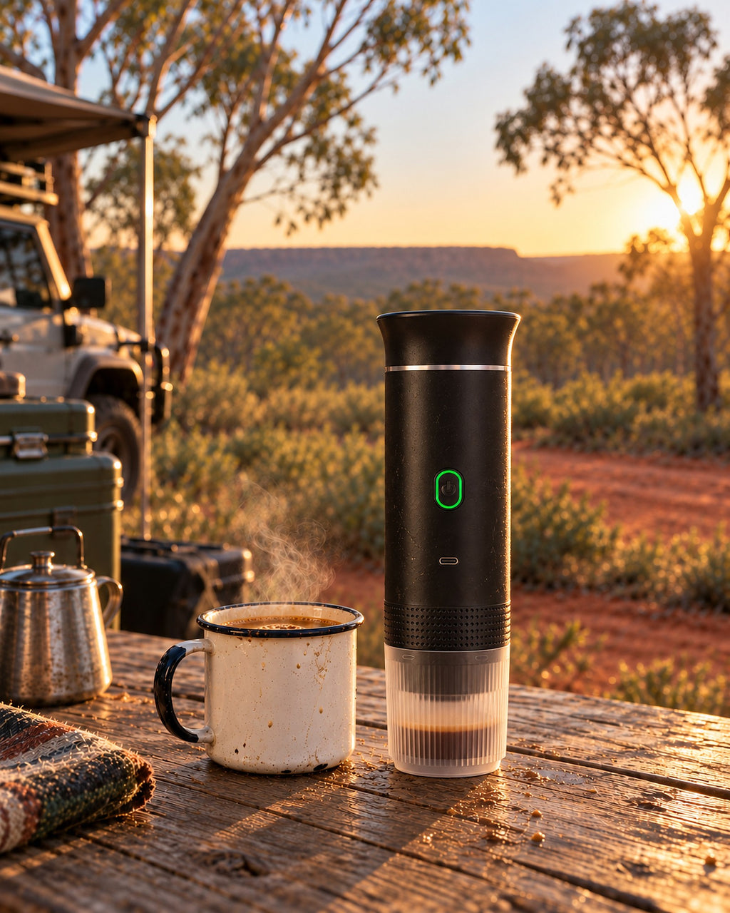 Portable espresso maker and enamel mug of coffee on a camp table in the Australian bush at sunrise