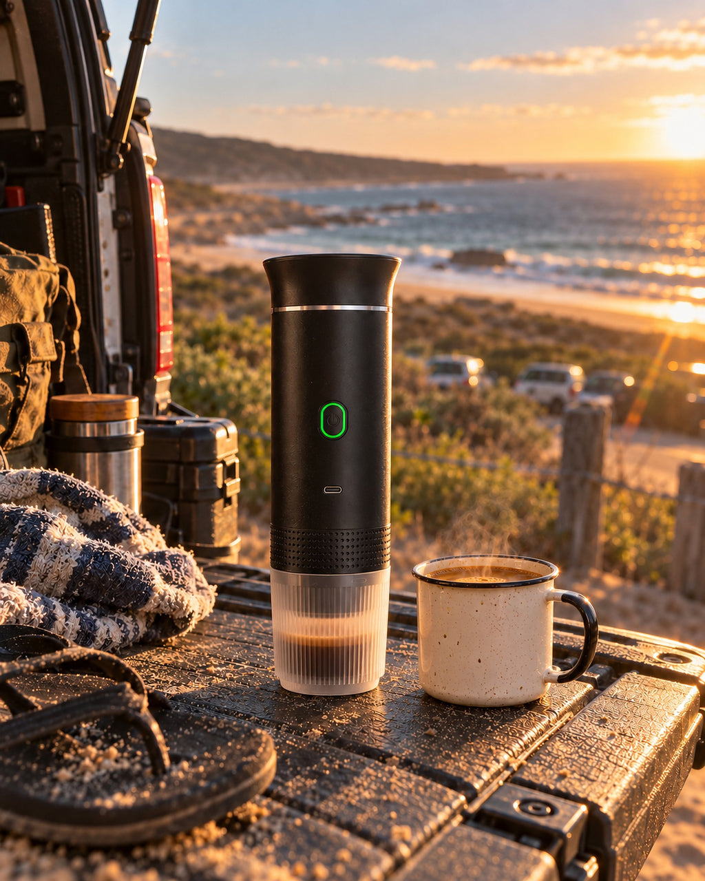 Portable espresso maker and coffee on a 4WD tailgate above the beach at sunset
