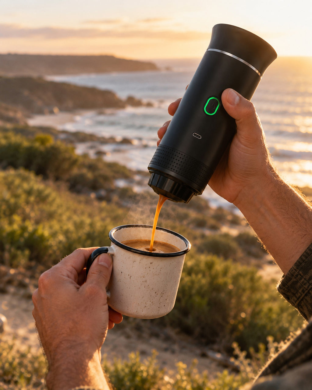 Hands brewing espresso from the portable espresso maker into an enamel mug on the coast