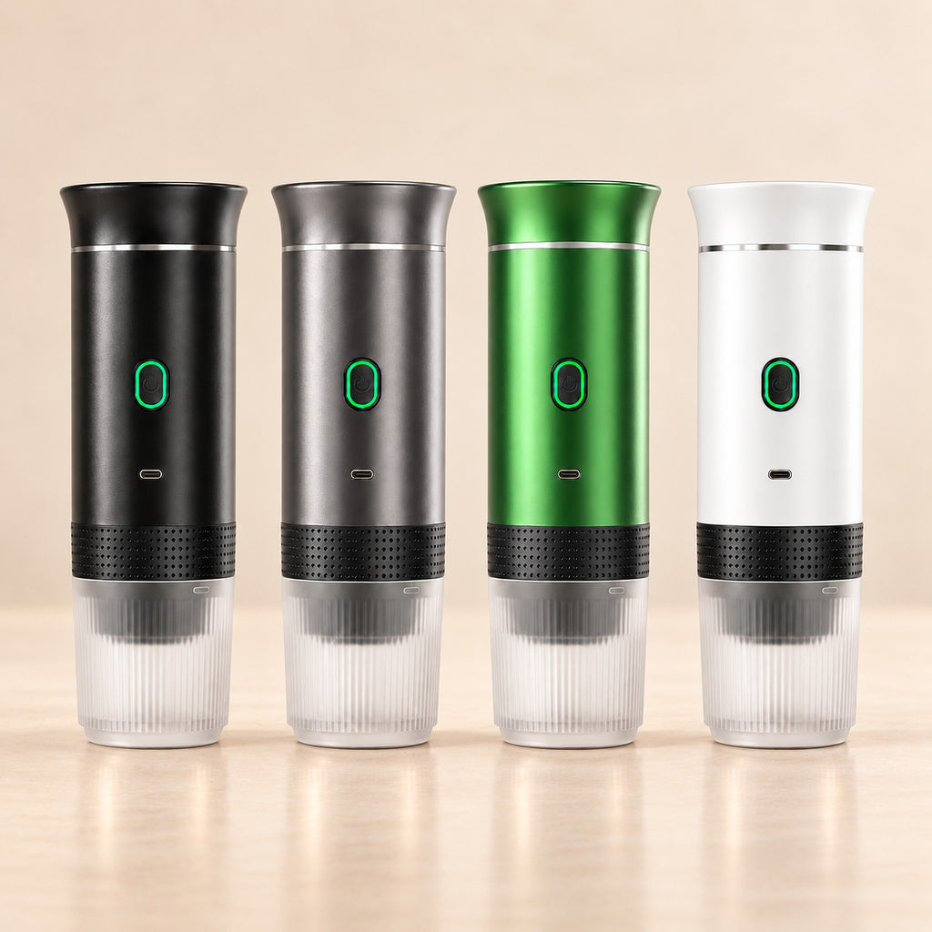 Portable espresso maker in four colours: black, metallic grey, metallic green and white