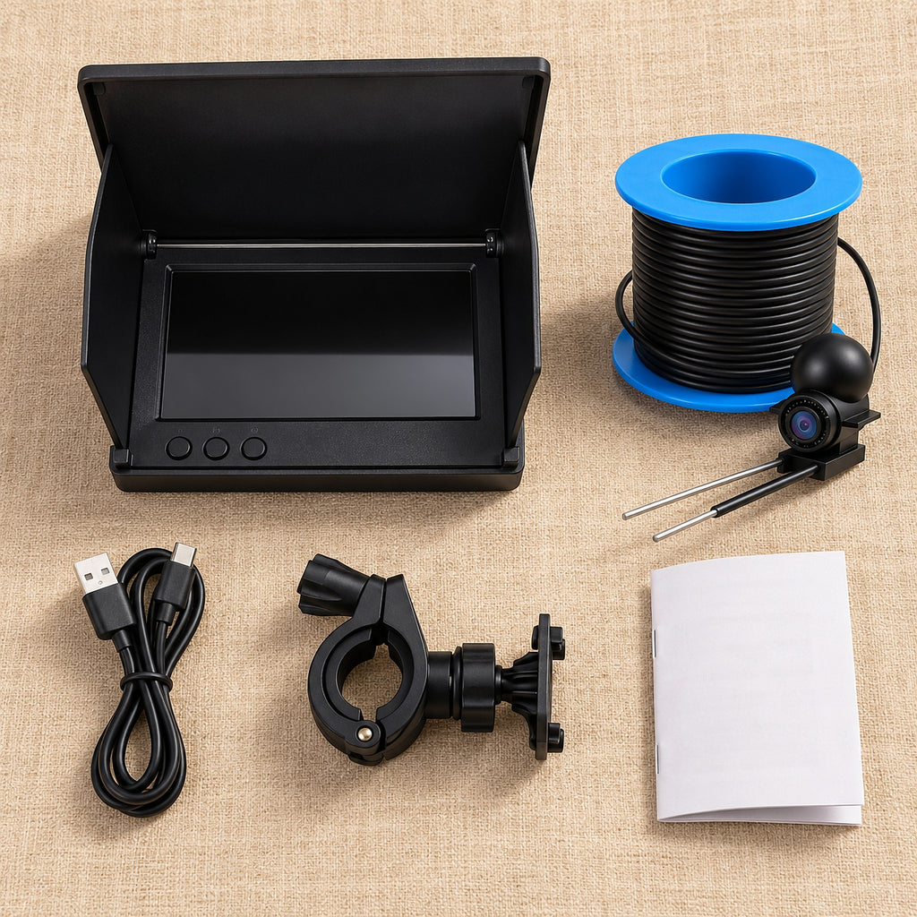 Underwater fishing camera kit: 4.3 inch monitor with sun hood, cable spool with camera, mounting bracket, USB-C cable and manual