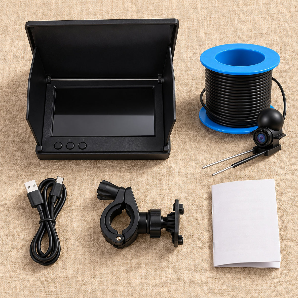 Underwater fishing camera kit: 4.3 inch monitor with sun hood, cable spool with camera, mounting bracket, USB-C cable and manual