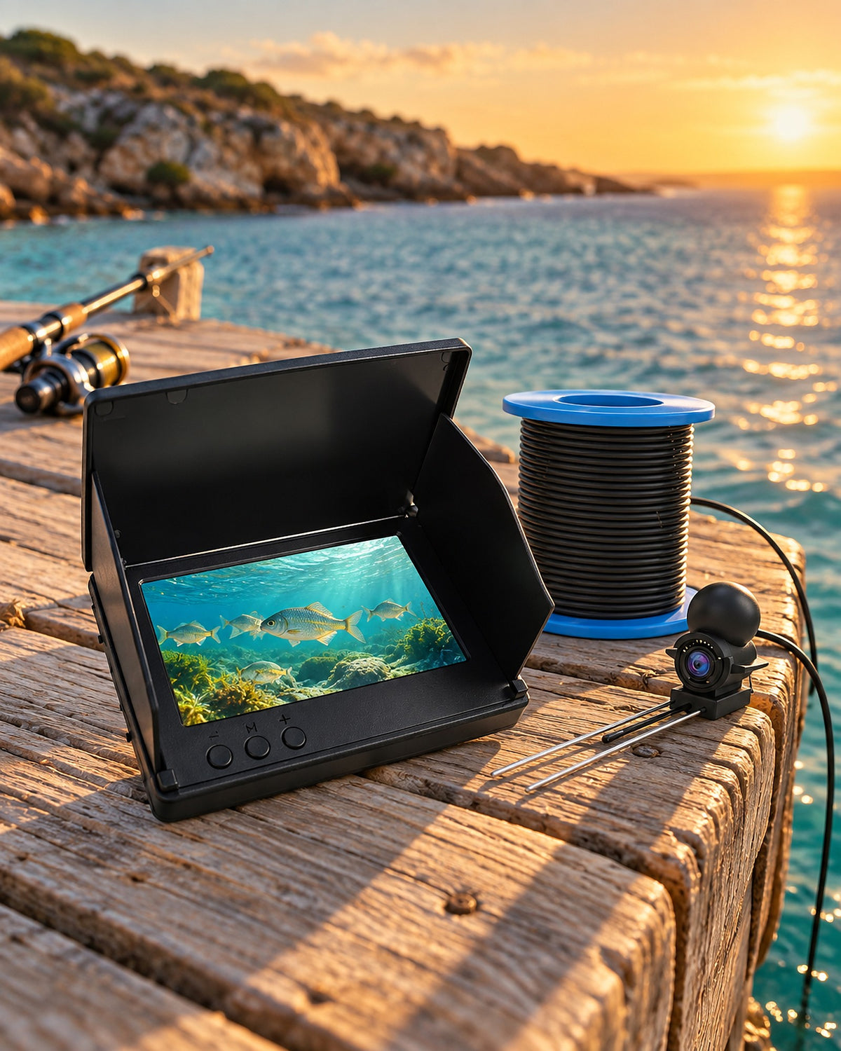 Underwater fishing camera in use on a jetty at sunrise