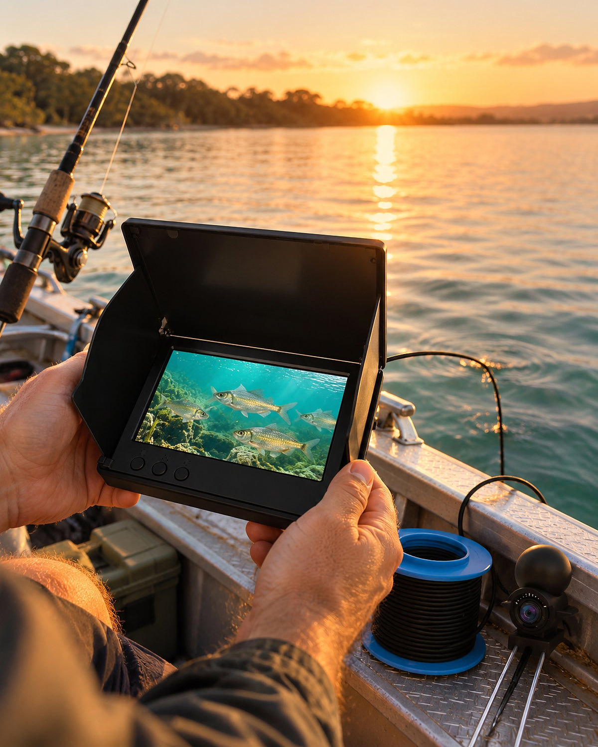 Underwater fishing camera monitor on a boat