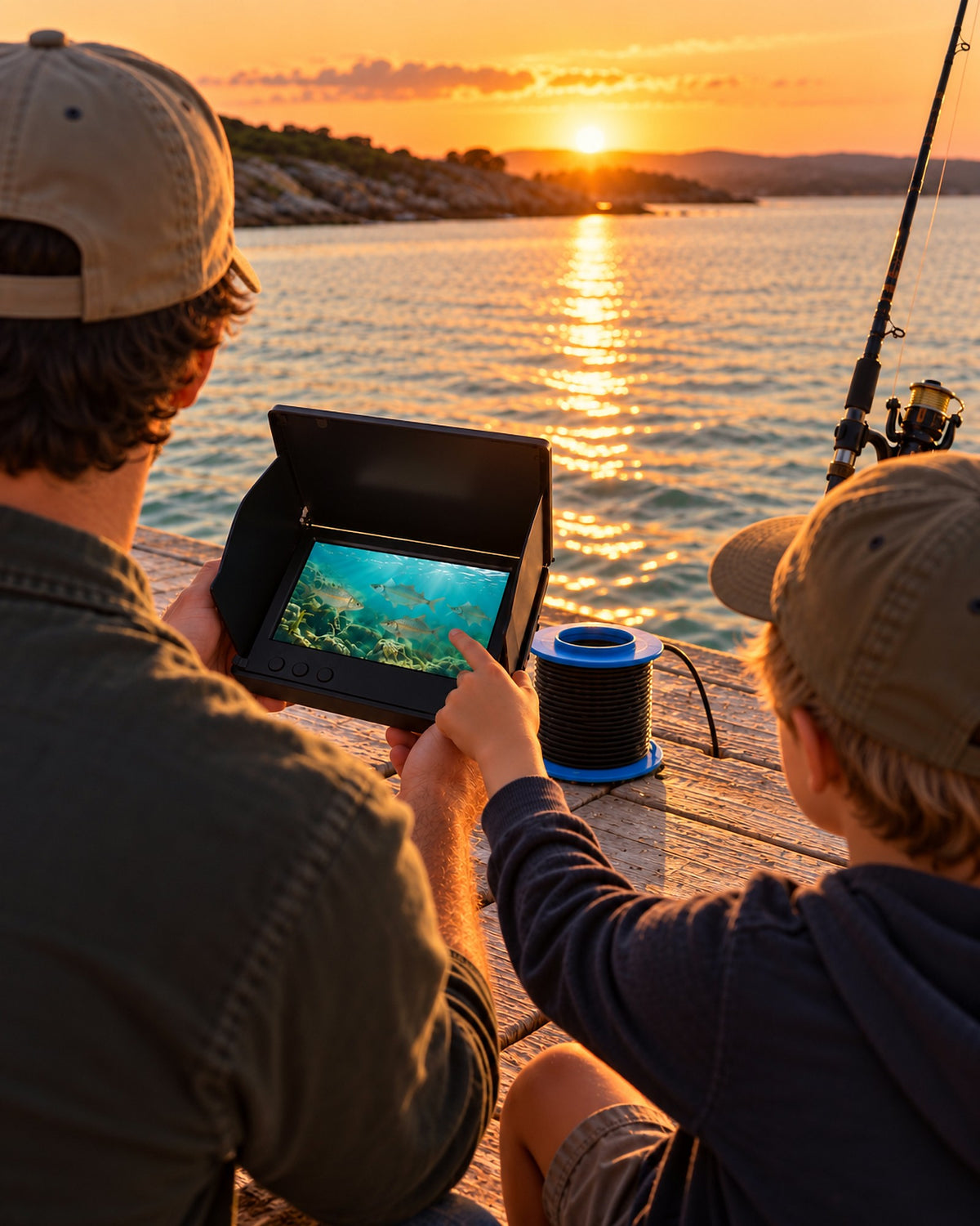 Parent and child watching fish on the underwater camera monitor from a jetty at sunset