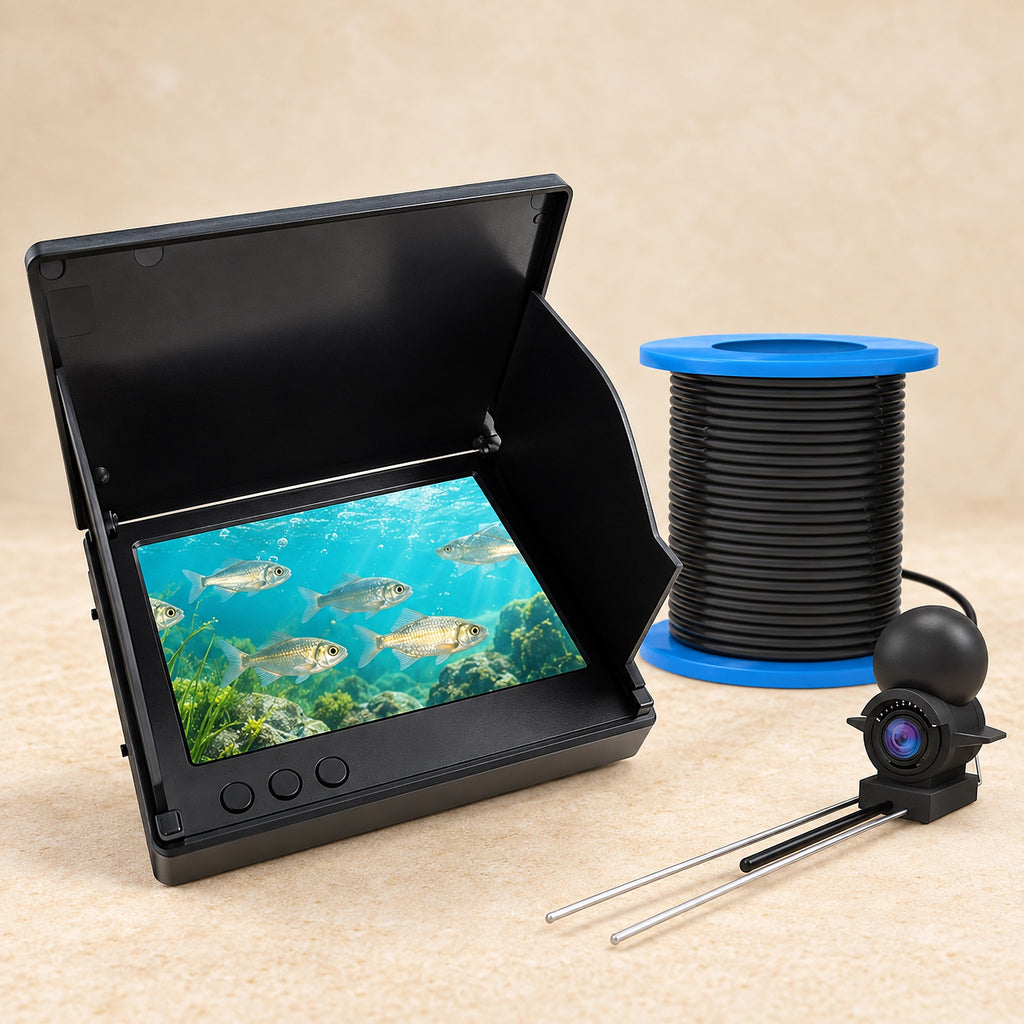 Underwater fishing camera with 4.3 inch monitor and cable spool on sand