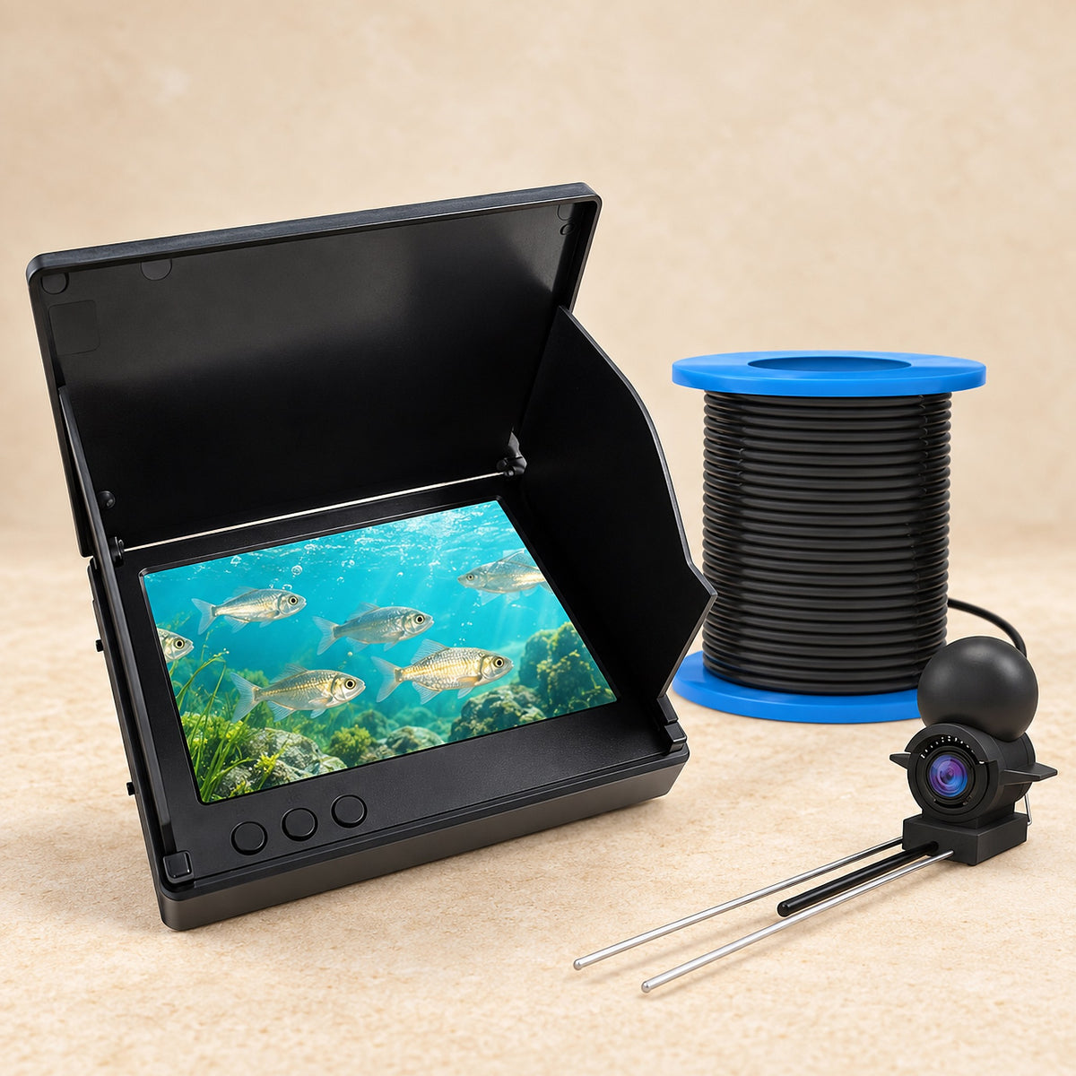 Underwater fishing camera with 4.3 inch monitor and cable spool on sand