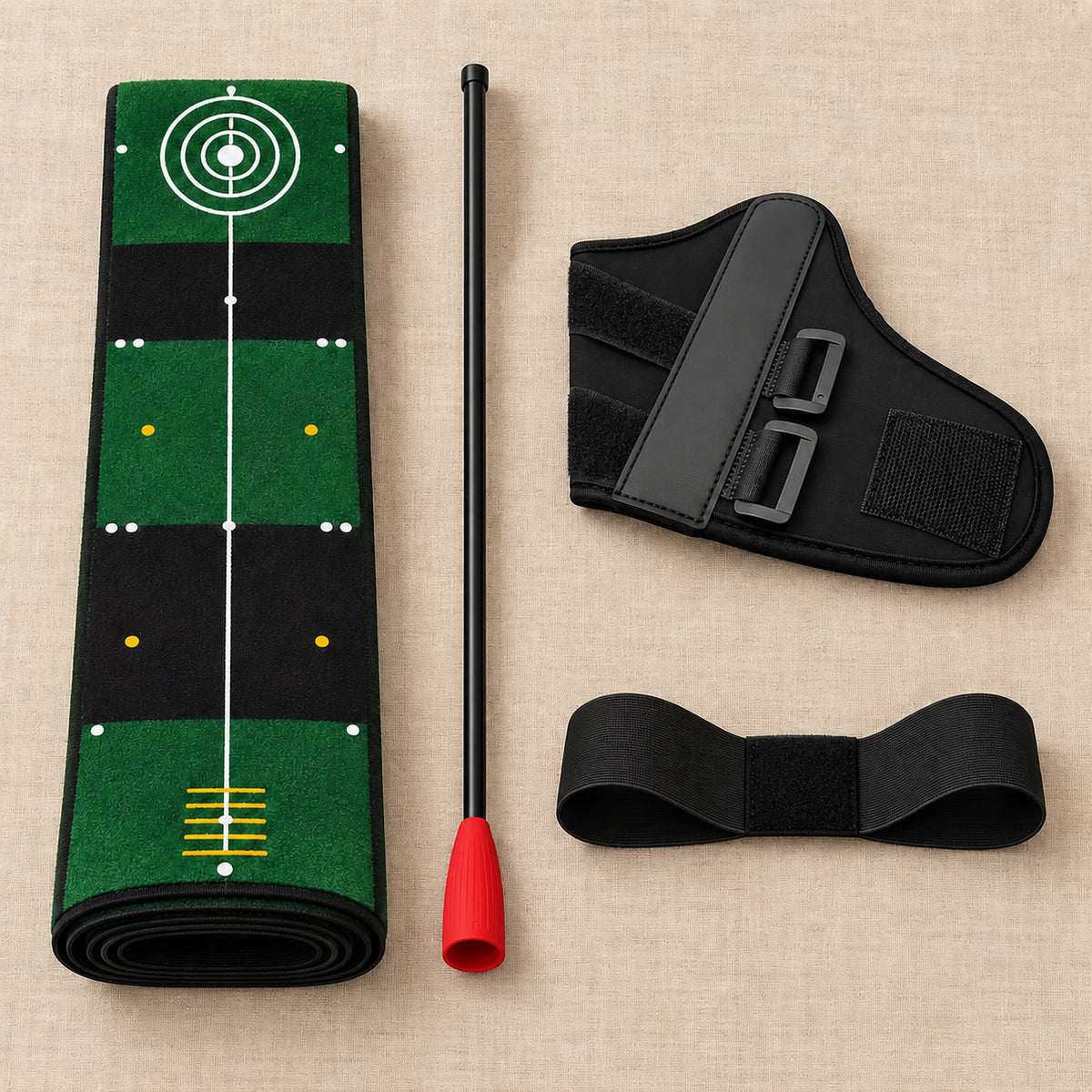 Golf Pro Practice Bundle contents: rolled putting mat, lag stick, wrist trainer and arm band