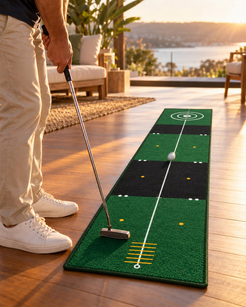 Putting practice on the 240 cm putting mat on a timber deck at sunset