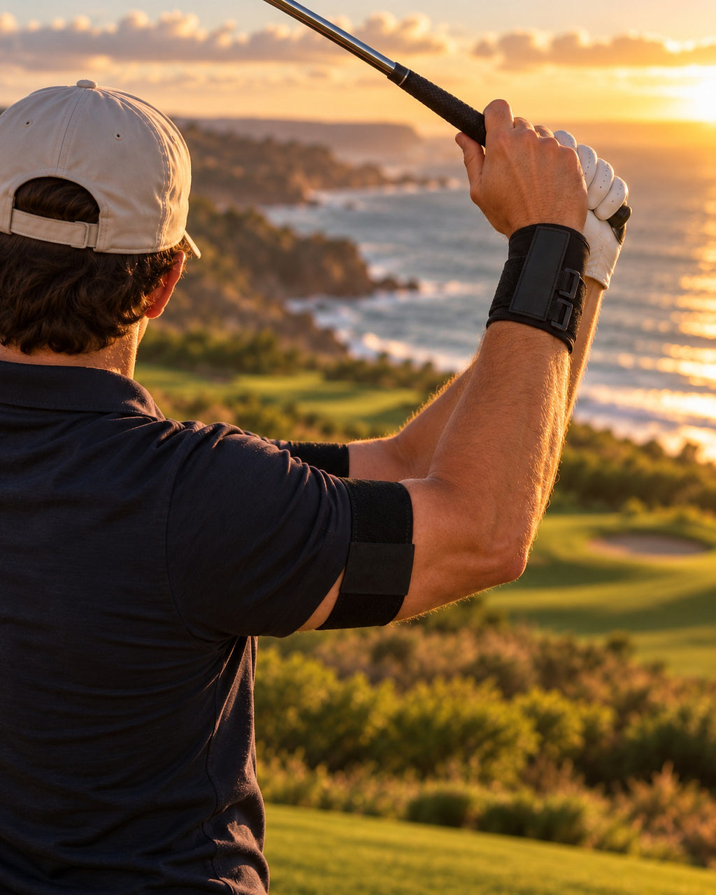 Golfer at the top of the swing wearing the wrist trainer and swing arm band on a coastal course at sunset
