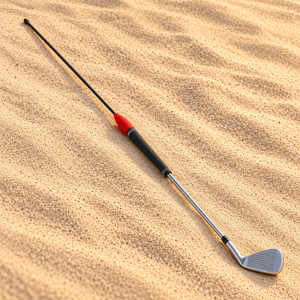 Lag stick swing trainer fitted to the end of a golf iron's grip, lying on sand